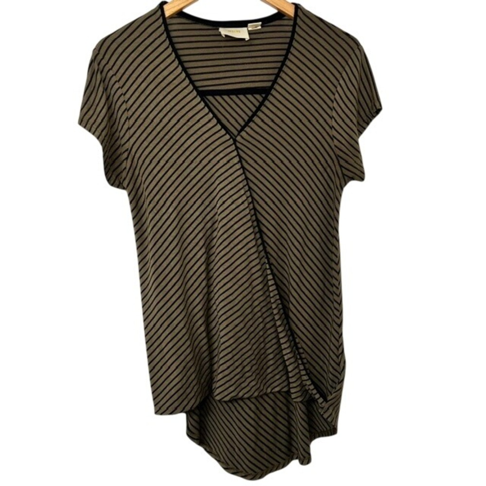 Maeve Effortless Style Striped Surplice V-Neck Faux Wrap Tee Olive Green Size M